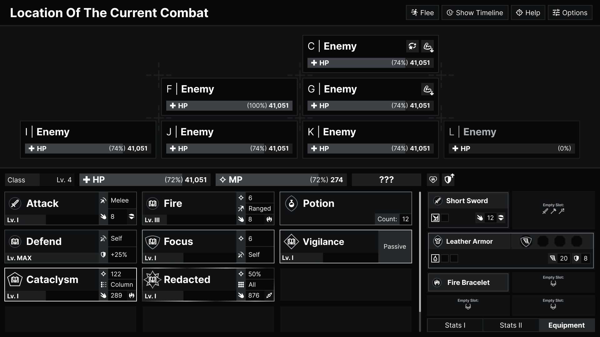 A previous mockup of LOARA that was the result of an accessibility case study. It's presented in grayscale and depicts a variety of enemies, player abilities, and player stats in UI elements that would often be seen in an RPG.