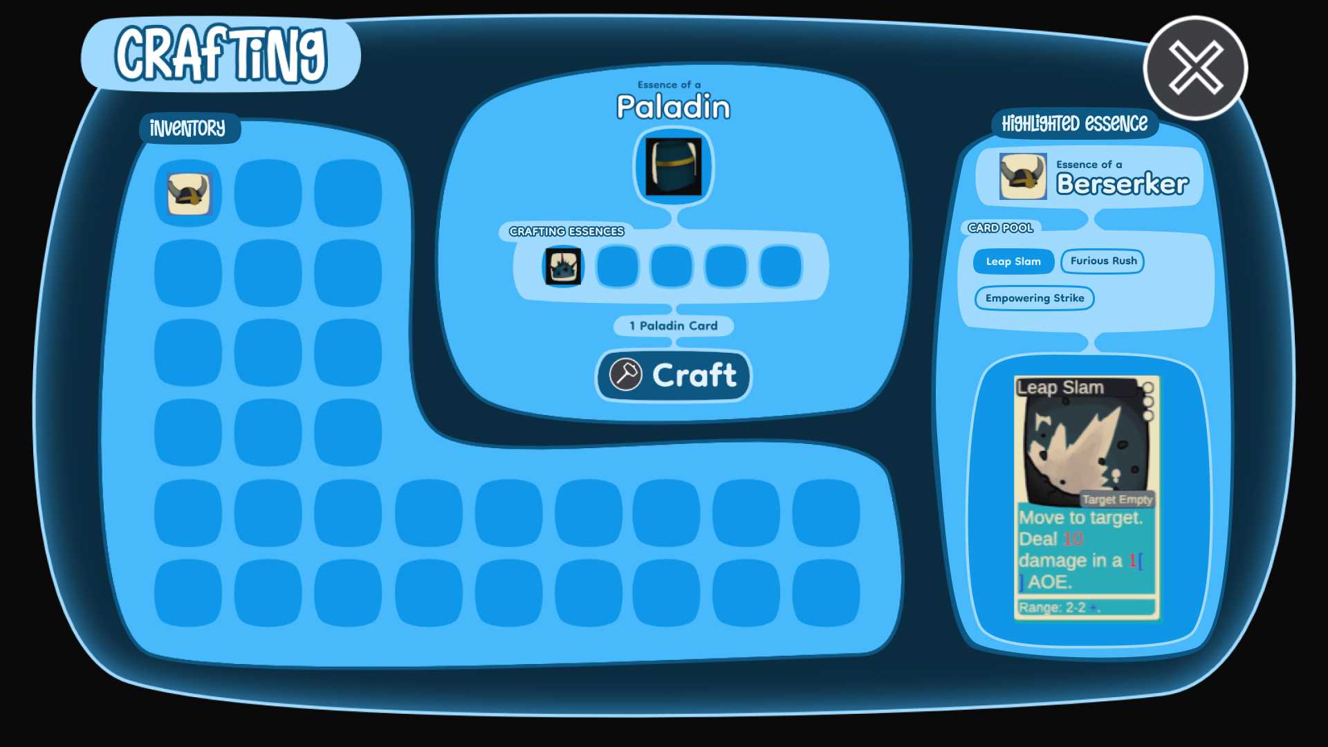 A mock up from Slime Alchemist showing the crafting screen. On the left and bottom side is a list of items, in the center is the main crafting section, and the right side is an expanded information section giving details of one of the cards. The mock up is depicting a 'Paladin card' being prepared to craft by sacrificing one other essence in the center crafting section. Currently a Berserker essence is highlighted showing a card pool of Leap Slap, Furious Rush, And Empowering Strike.