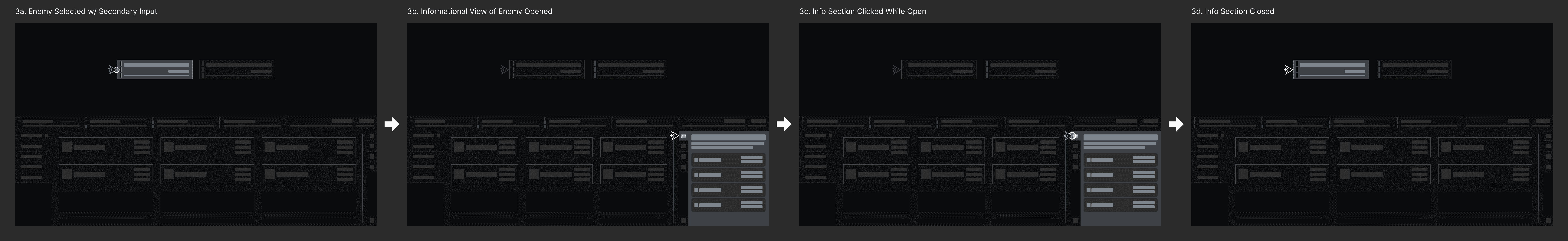 Informational View (Fig. 3). A series of 4 iterations of gameplay mockups displaying the workflow of viewing additional info on an enemy. The mockups go from displaying an enemy being selected via secondary input, then the informational window opening that would display details on the selected enemy, then the informational window is selected again to close it and return to hovering the enemy that was previously selected.