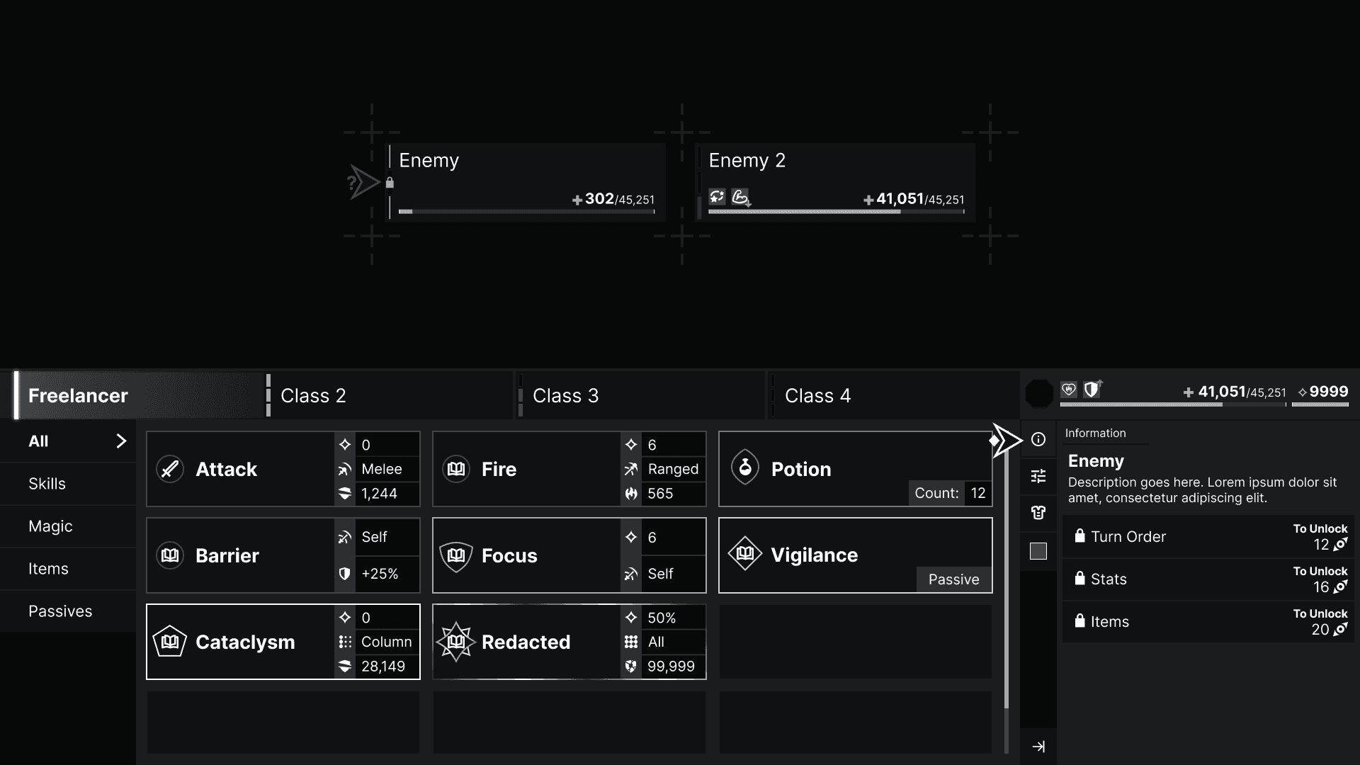 A mockup of my in progress RPG. It's presented in grayscale and depicts a variety of enemies, player abilities, and player stats in UI elements that would often be seen in an RPG.