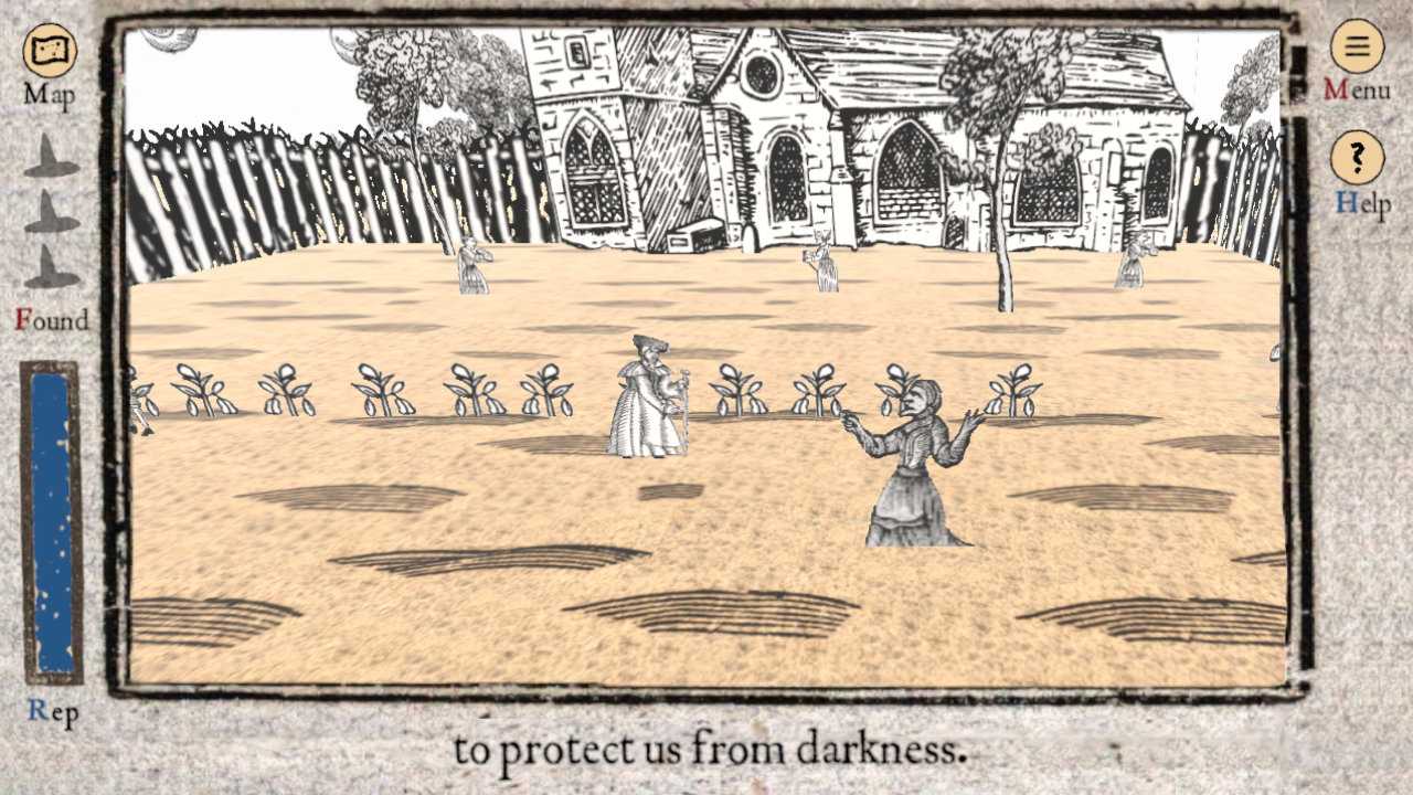 A screenshot from Which is Witch depicting the player and various villagers standing around a farm with a large church in the distance. All of this is displayed as if paper cutouts of were standing upright in 3-D space. The UI surrounds the gameplay and currently has the lyrics: to protect us from darkness.